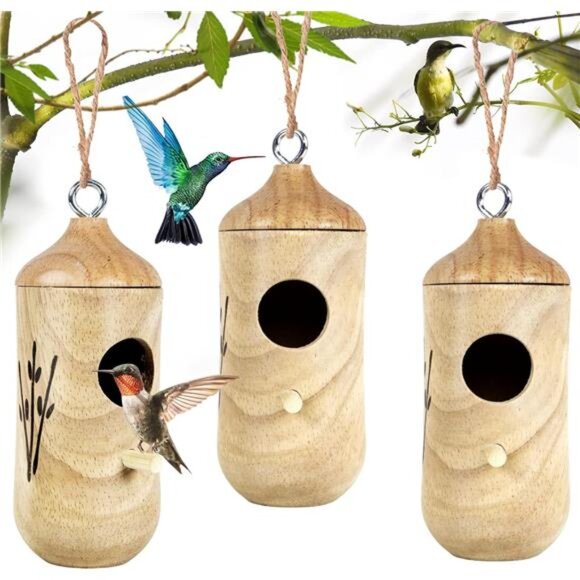 Hummingbird House for Outside Hanging,Wooden HummingBirdNest 3Pcs with HempRopes - Picture 1 of 7